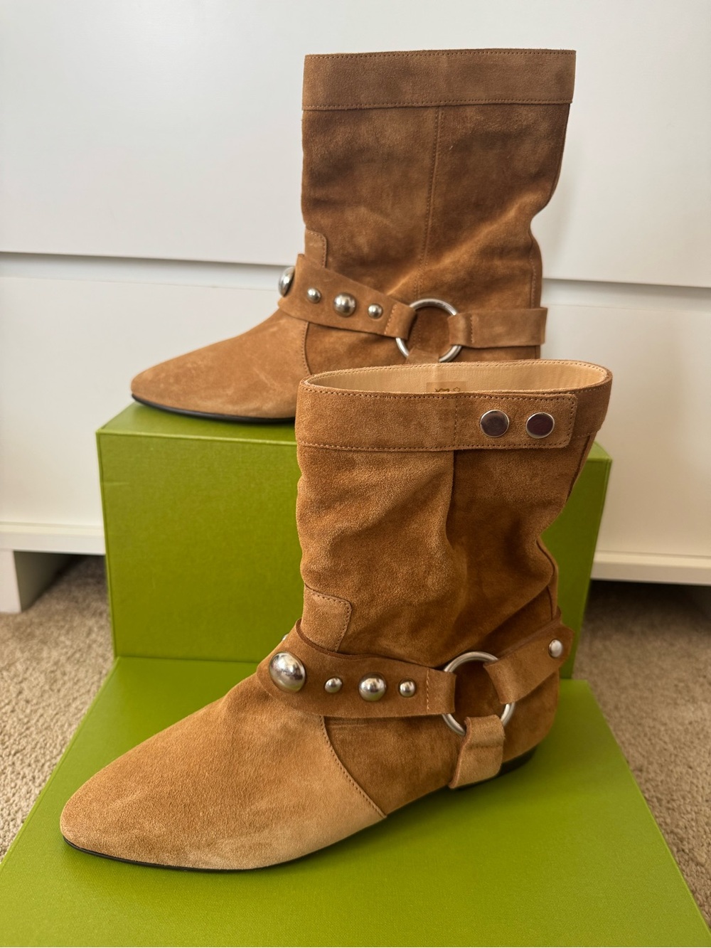 NWT ISABEL MARANT Stania Boot  Cognac Suede Calfskin with Silver Hardware